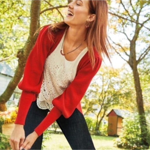 Cabi Moulin Rouge Cabaret Red Chic Ribbed Balloon Sleeve Cardigan L - Picture 2 of 10